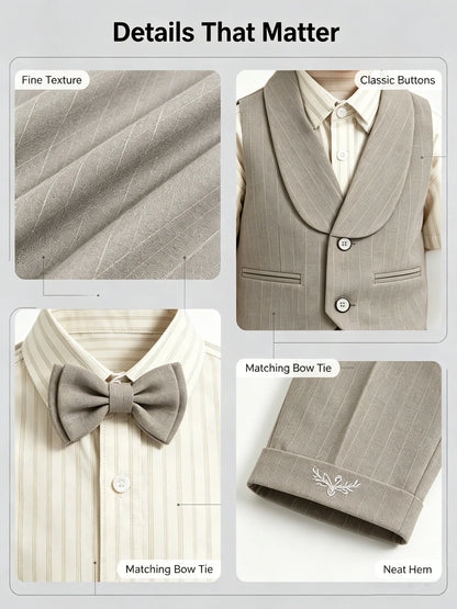 3Pcs Toddler Boy Gray Vest Suit Striped Short Sleeve Shirt Bow Tie Shorts Kids Wedding Baptism Birthday Gentleman Formal Outfit