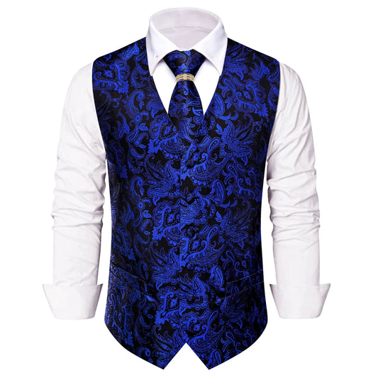 Men's Suit Vest Paisley V-Neck Single Breasted Black Royal Blue with Tie Cufflinks Set for Stage & Party