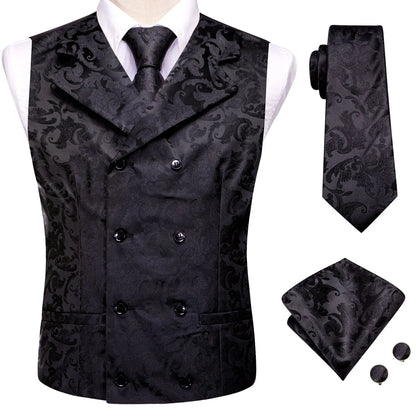 Men's Vest Tie Hanky Cufflinks Set – Black Green Jacquard Floral Paisley – Wedding & Banquet
