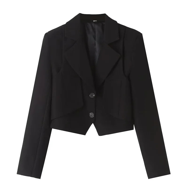 Women's Blue Blazer Jacket Vintage Office Ladies Long Sleeve Single Breasted Cropped Outerwear Suit Coat Y2k 2000s Spring Autumn
