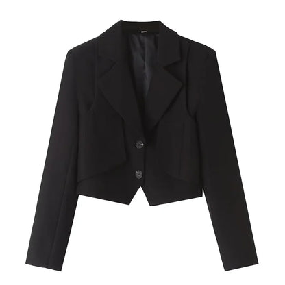 Women's Blue Blazer Jacket Vintage Office Ladies Long Sleeve Single Breasted Cropped Outerwear Suit Coat Y2k 2000s Spring Autumn
