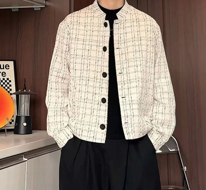 Men's Spring High-End Plaid Blazer Bad Boy Style Cropped Jacket Chinese Stand Collar Suit Outerwear
