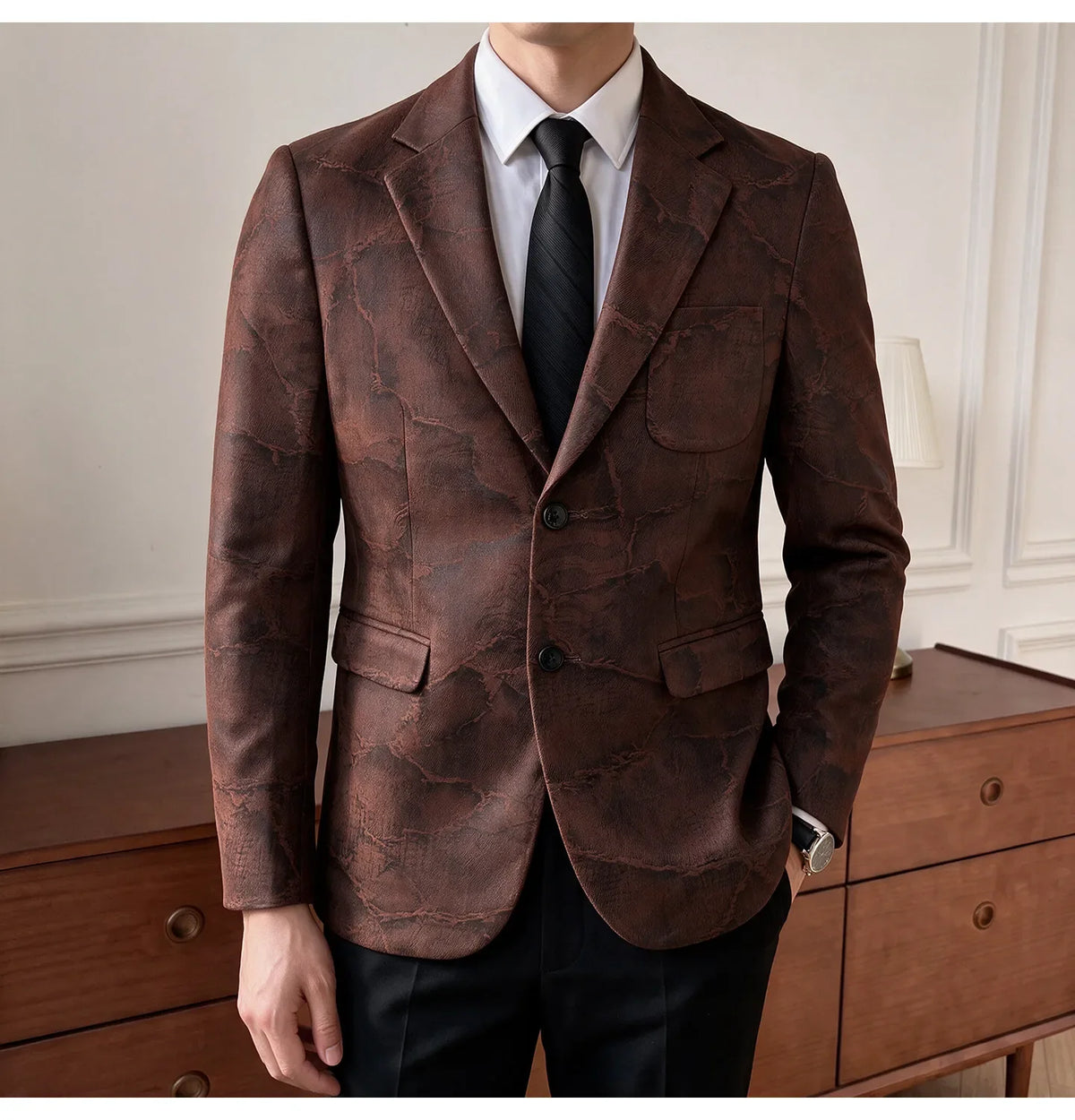 Men's Embossed Suede Blazer Smart Casual Single Breasted Jacket for Everyday Wear
