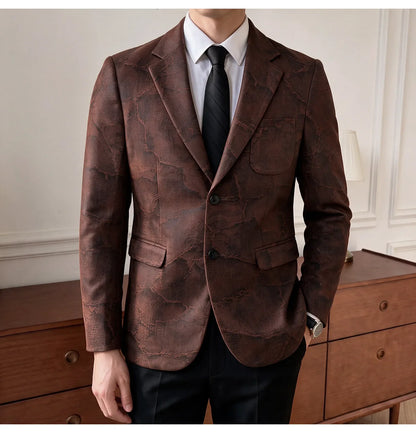 Men's Embossed Suede Blazer Smart Casual Single Breasted Jacket for Everyday Wear