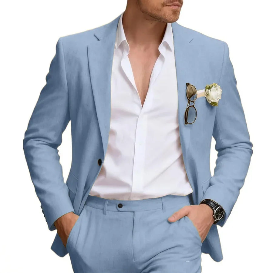 Linen Suits for Men Retro Casual Slim Fit Suit Beach Prom Dress Tux 2 Pieces Set Wedding Groomsmen One-Button Jacket Blazer Pant