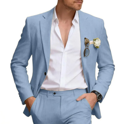 Linen Suits for Men Retro Casual Slim Fit Suit Beach Prom Dress Tux 2 Pieces Set Wedding Groomsmen One-Button Jacket Blazer Pant