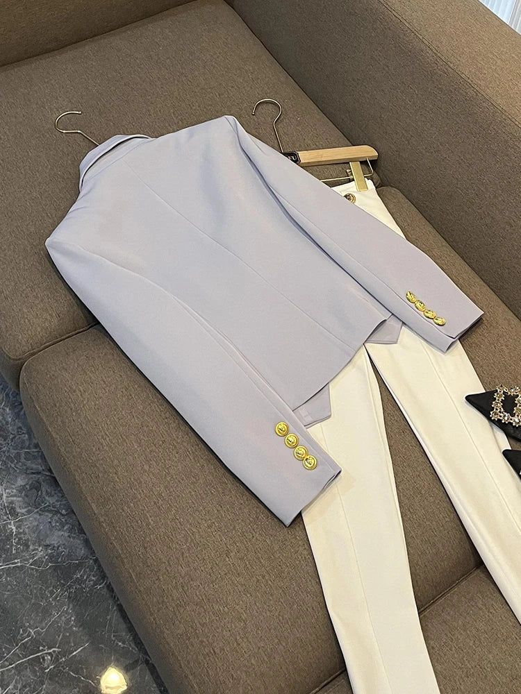 Business Commute Style Women's Long Sleeve Double-Breasted Suit Slim Fit Waist-Cinching Outerwear Fashion D9986