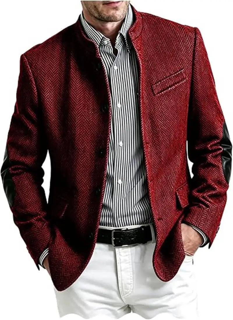 Vintage Men's Mandarin Collar Herringbone Tweed Blazer with Leather Elbow Patch Wool Blend Business Casual Slim Fit Suit Jackets