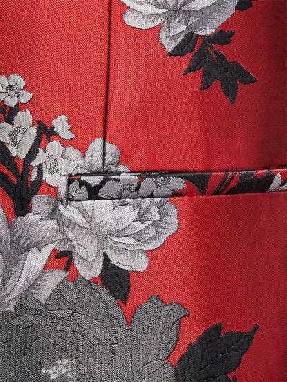 Red Base Grey Peony Floral Jacquard Mens Tuxedo Blazer, Shawl Lapel Single Button Formal Jacket Wedding Host Costume