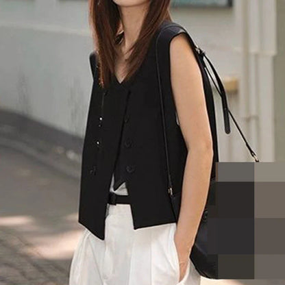 Black Suit Vest Jacket Women Irregular Top 2025 Spring Summer New Double Breasted Casual Thin Shoulder Waistcoat Female Clothes