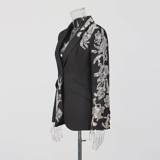 Women Chic Blazer Sequined Elegant Fashion Single Button Notched Collar Waist Cinching Tide Jacket New Women Spring HK19357