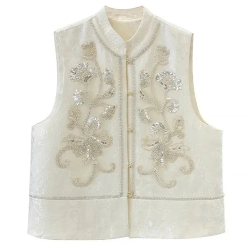 High-end Femme Embroidery Vest Outwear Spring Summer Women Solid Color Waistcoat Coat Ladies Nail Bead Glitter Sleeveless Jacket