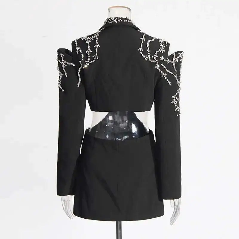 Sexy Stylish Coats 2025 Spring Autumn New Women Diamonds Nail Bead Heavy Waist Exposed High Sense Long Sleeve Blazer HK3760