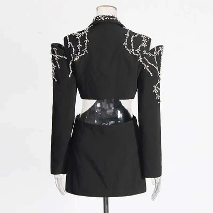 Sexy Stylish Coats 2025 Spring Autumn New Women Diamonds Nail Bead Heavy Waist Exposed High Sense Long Sleeve Blazer HK3760