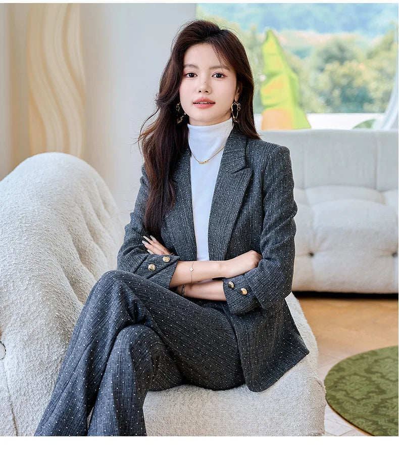 Fashion Women Suits 2024 New Autumn Winter Temprament Business Formal Slim Blazer And Flare Pants Office Ladies Work Wear