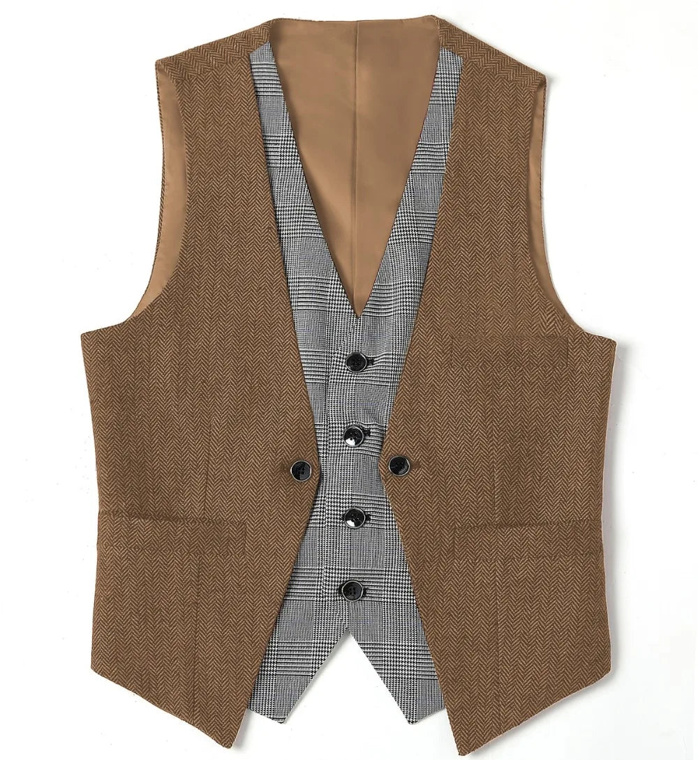 Men's Herringbone Vest – V-Neck Single Breasted Waistcoat for Weddings & Formal Events