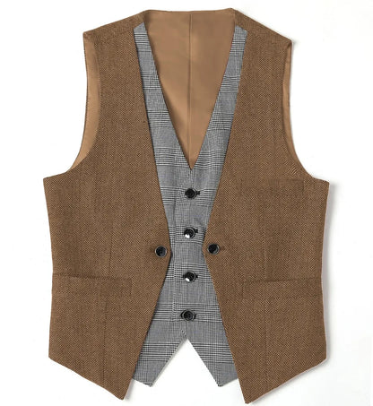 Men's Herringbone Vest – V-Neck Single Breasted Waistcoat for Weddings & Formal Events