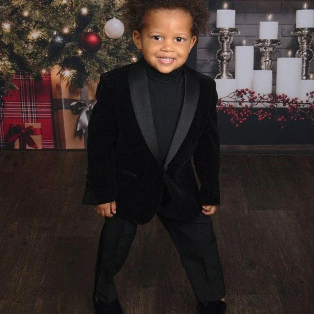 Fashion Black Boy Suits 2 Piece Velvet Chic Shawl Lapel One Button Blazer Sets Formal Party Wedding Tuxedos Kids Infant Suit