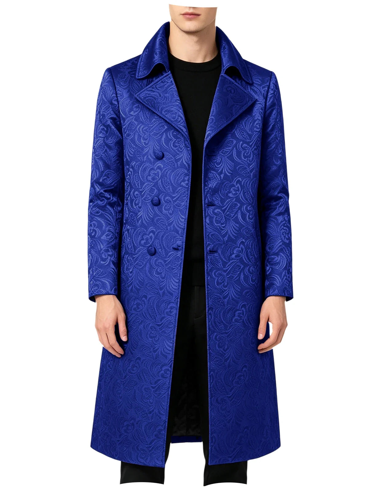 Men Luxury Jacquard Long Trench Coat Lapel Formal Overcoat Outerwear For Wedding Prom Banquet Club Evening Business Stage Party