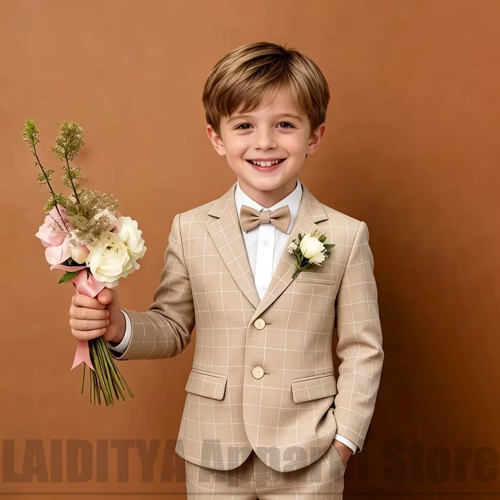 Boys Plaid Two Piece Suit Blazer Pants Kids Wedding Ring Bearer Outfit Birthday Party Formal Ceremony Photograph Holiday Wear