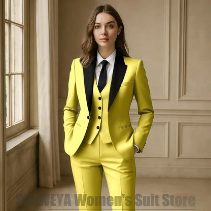 Women Royal Blue 3 Piece Tuxedo Suit Blazer Vest Pants with Black Lapel Slim Fit Formal Party Business Office Outfit