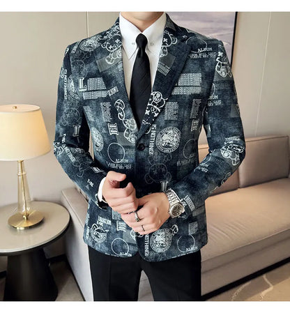 2024 Autumn Winter Jacquard Denim Suit Jacket for Men Fashion Business Casual Blazers Streetwear Social Men Clothing