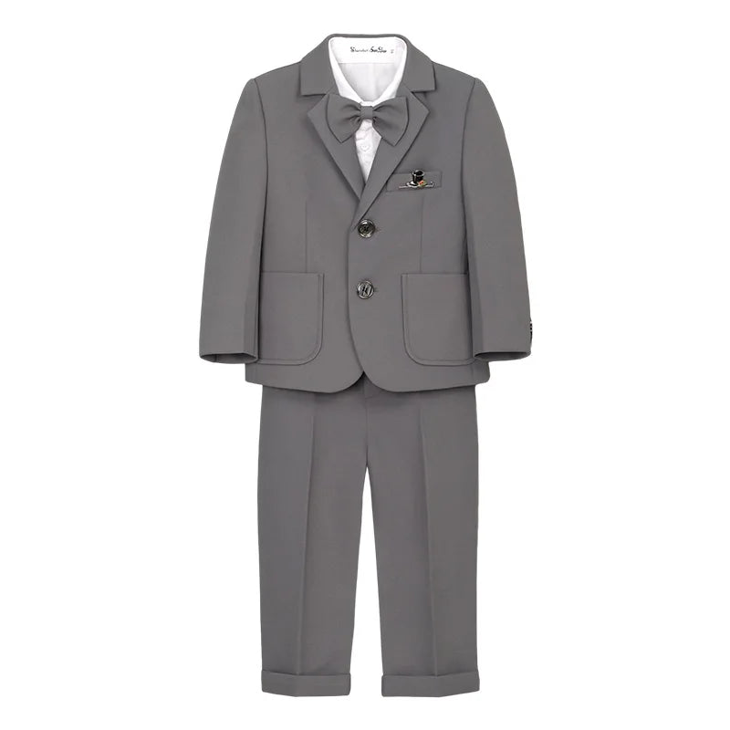 Kids Gray Jacket Vest Pants Bowtie Brooch 5Pieces Performance Costume Boys Formal Wedding Birthday Baptism Blazer Suit