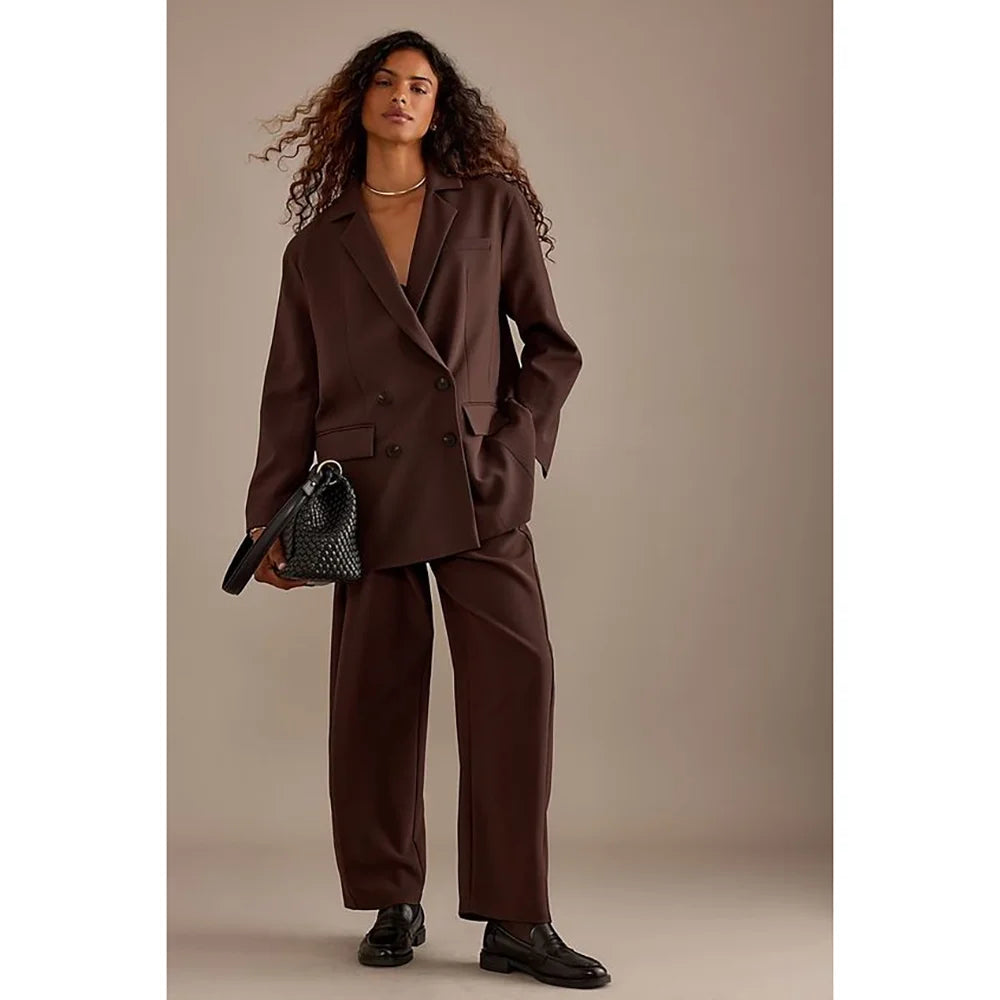 Leisure Brown Double Breasted Women Pants Set High-end Female Two Pieces(Jacket+Trousers)أطقم بناطيل
