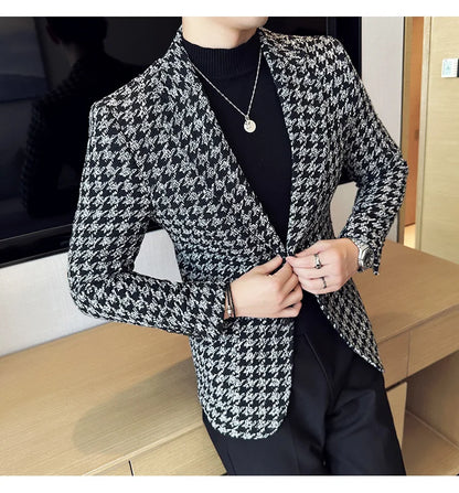 2023 Autumn Winter Plaid Men Blazers Thickened Casual Business Suits Jackets Single Buckle Wedding Groom Streetwear Social Coat