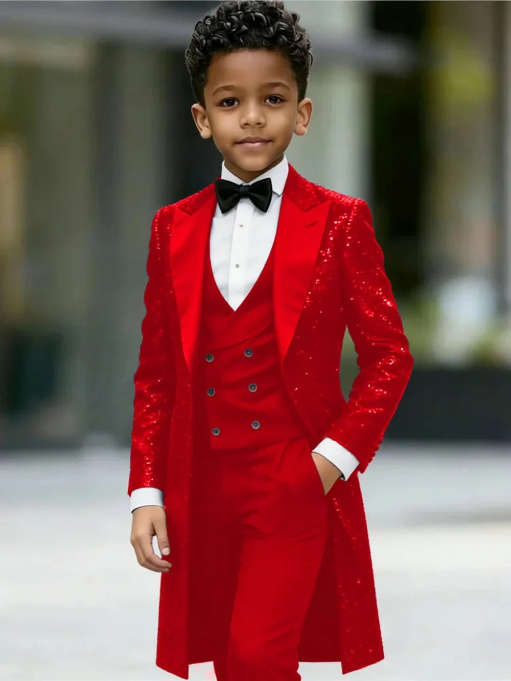 New Boys Sequined Long Jacket Suit Set 3 Pieces Formal Party Wear Handsome Chic Peak Lapel Kids Tuxedo For Birthday 2-20T
