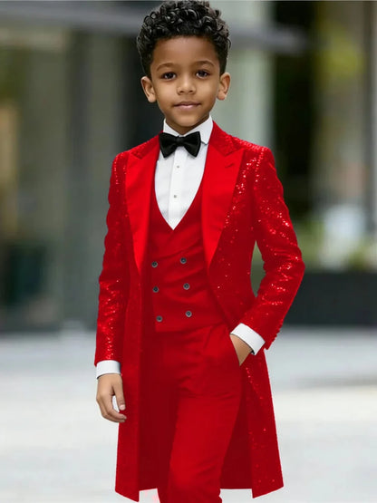 New Boys Sequined Long Jacket Suit Set 3 Pieces Formal Party Wear Handsome Chic Peak Lapel Kids Tuxedo For Birthday 2-20T