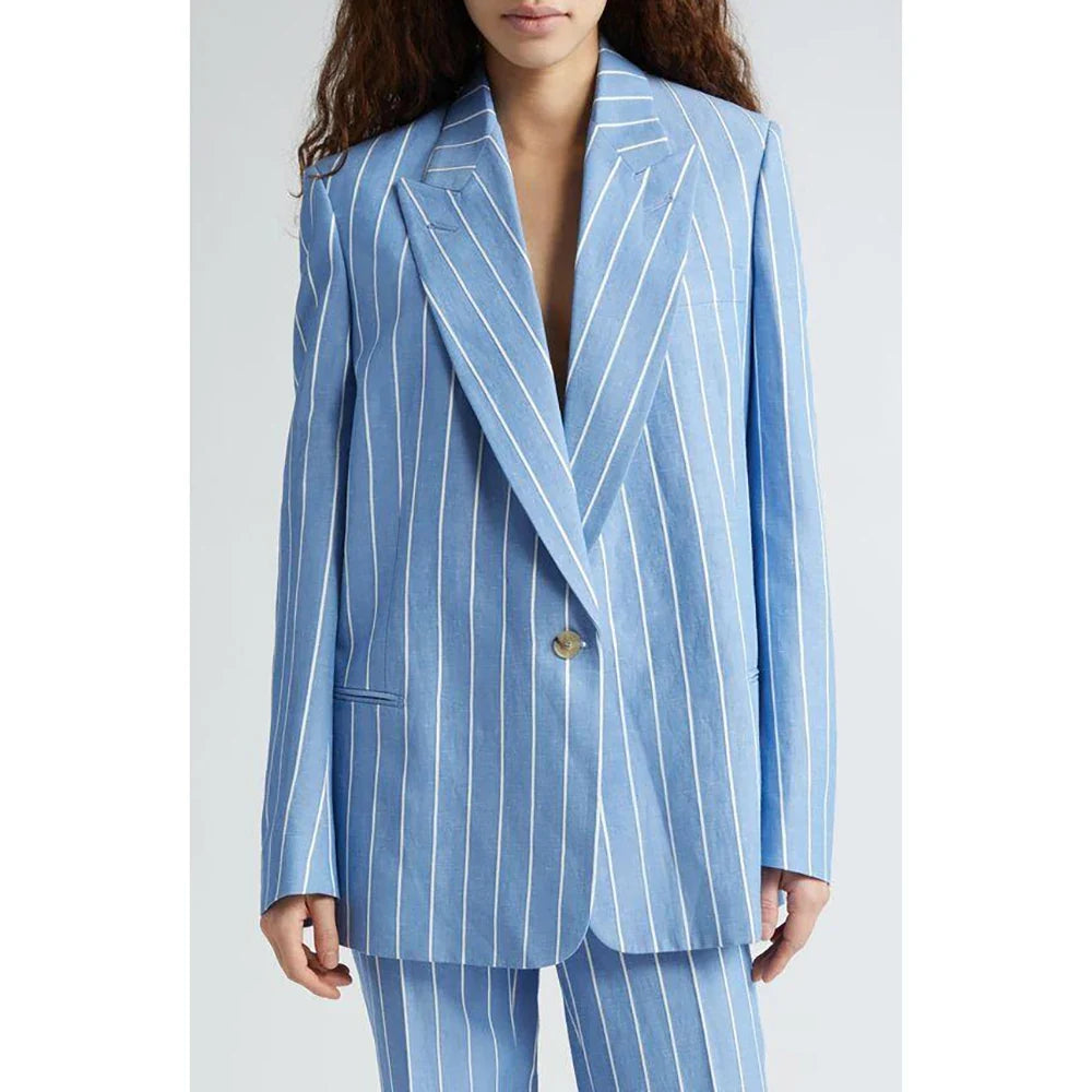 Single Button Sky Blue Stripe Women Pants Set High-end Female Two Pieces(Jacket+Trousers)أطقم بناطيل