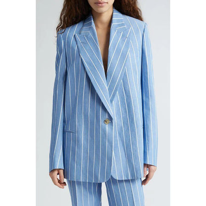 Single Button Sky Blue Stripe Women Pants Set High-end Female Two Pieces(Jacket+Trousers)أطقم بناطيل