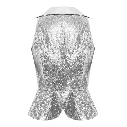 Women Shiny Sequin Vest Lapel Sleeveless Glitter Suits Waistcoat Top Rave Music Festival Jazz Dance Party Banquet Night Clubwear