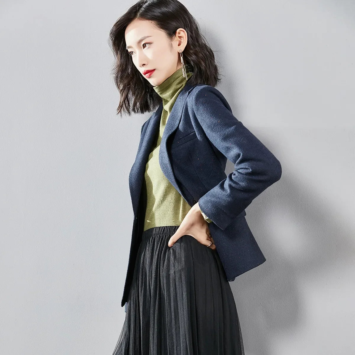 Commute Women's Blazers Autumn Winter Office Lady Solid Jackets Single Button Notched Lapel Woolen Coats Woman V7065