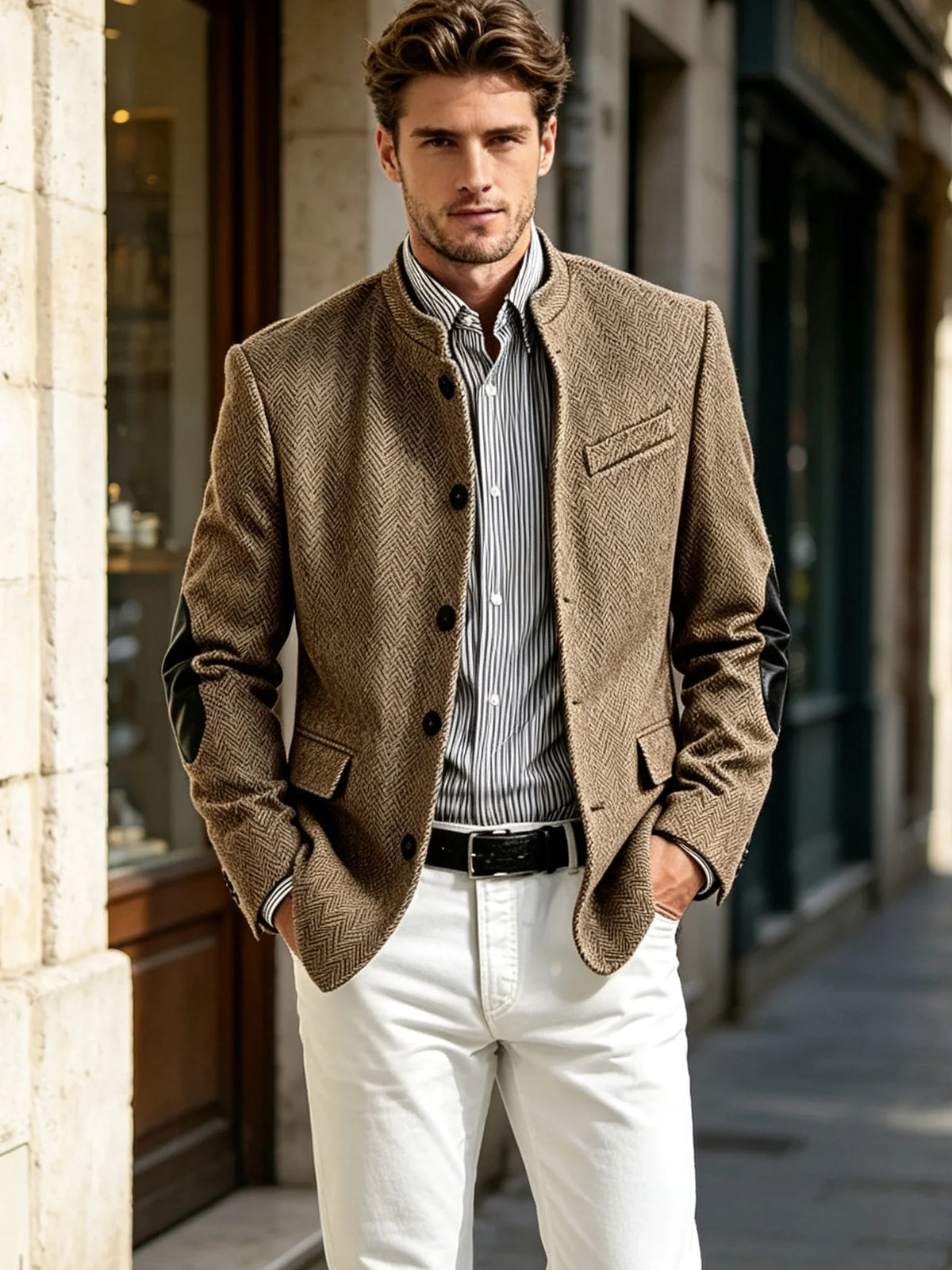 Vintage Men's Mandarin Collar Herringbone Tweed Blazer with Leather Elbow Patch Wool Blend Business Casual Slim Fit Suit Jackets