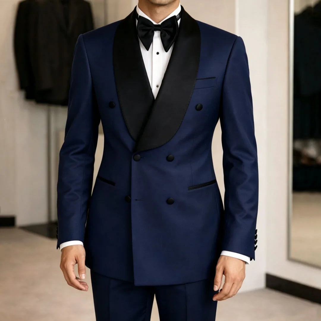 Men Suit Yellow 2 Pieces Double Button With Black Lapel For Wedding Birthday Banquet Party Business Work Office Jacket Pants