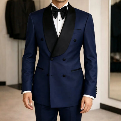 Men Suit Yellow 2 Pieces Double Button With Black Lapel For Wedding Birthday Banquet Party Business Work Office Jacket Pants