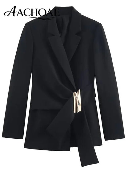 Women Asymmetric Buckle Blazer Elegant Wrap Suit Jacket Slim Waist Tailored Office Lady Workwear Fashion Blazer Coat