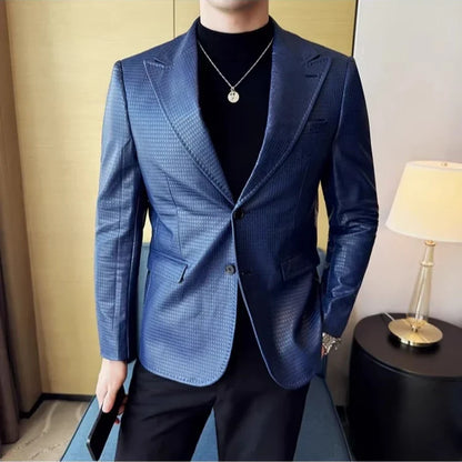 Korean Waffle Leather Suit Jacket Men's Business Casual PU Leather Blazer Slim Fit Wedding Groom Office Social Formal Coats 2026