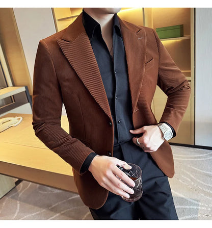 Autumn Winter New Corduroy Striped Suit Jacket Men High Quality Slim Fit Business Social Formal Suit Coats Tailcoat Men Clothing