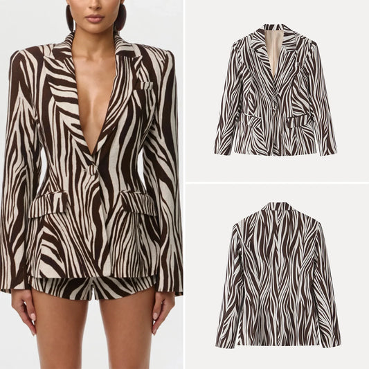 2026 New Summer Women's Fashion Personality Match One Button Coffee Zebra Print Suit Jacket Single Button Elegant