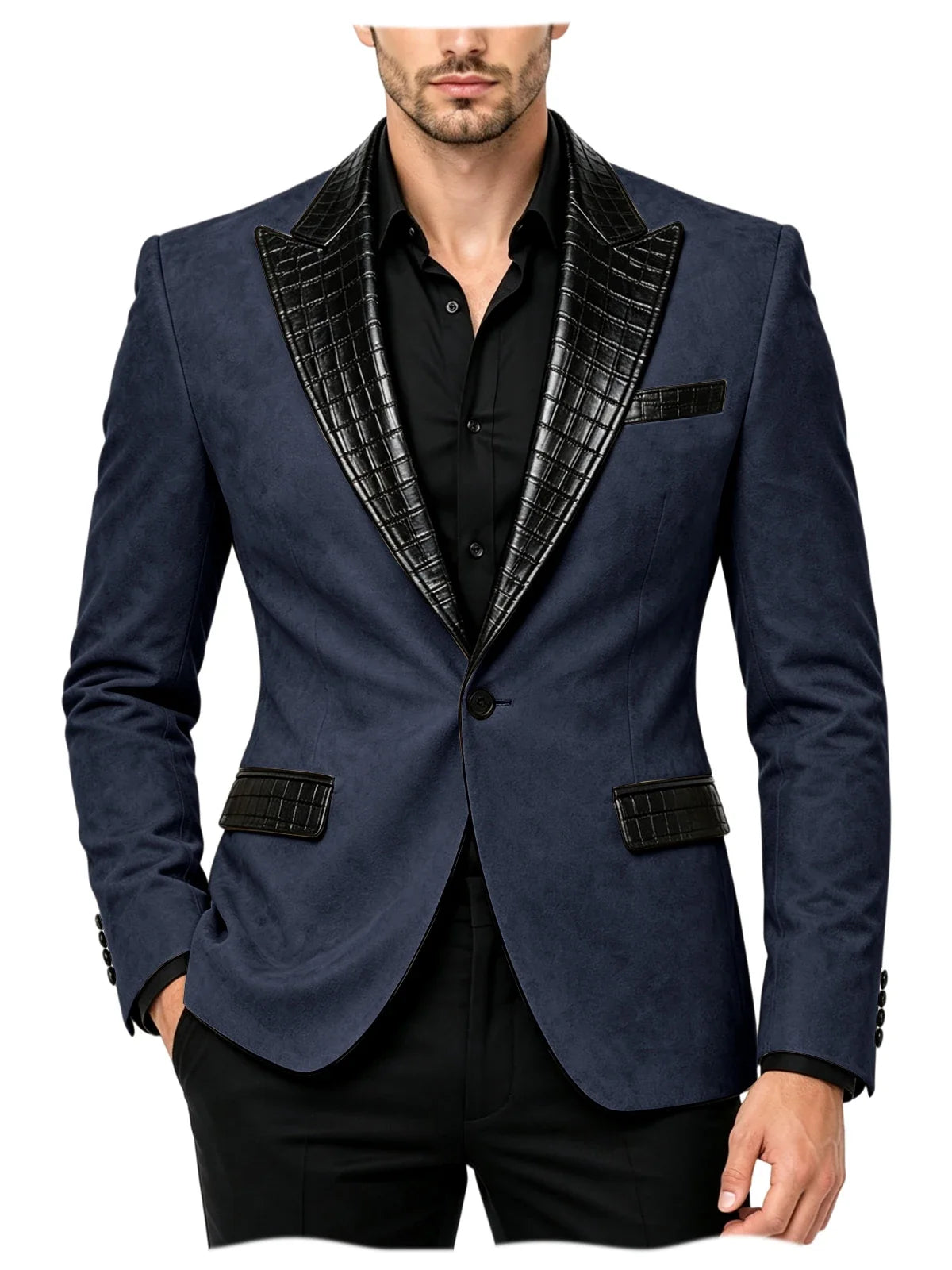 Men's Suede Slim Fit Blazer Jacket Crocodile Pattern Lapel Design Suit Coat Formal Business Prom Wedding Party Tuxedo Outerwear