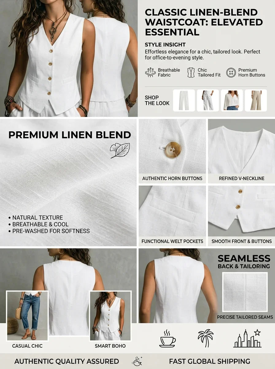 Sleeveless Waist-Tight Vest for Women, Elegant Casual Linen Cotton Waistcoat, Versatile Outerwear for Spring Summer & Autumn