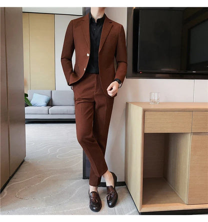 2025 New Waffle Blazers +Pant 2 Piece Set Men Fashion Business Slim Fit Solid Tuxedo Groom Wedding Prom Wear Casual Men's Sets