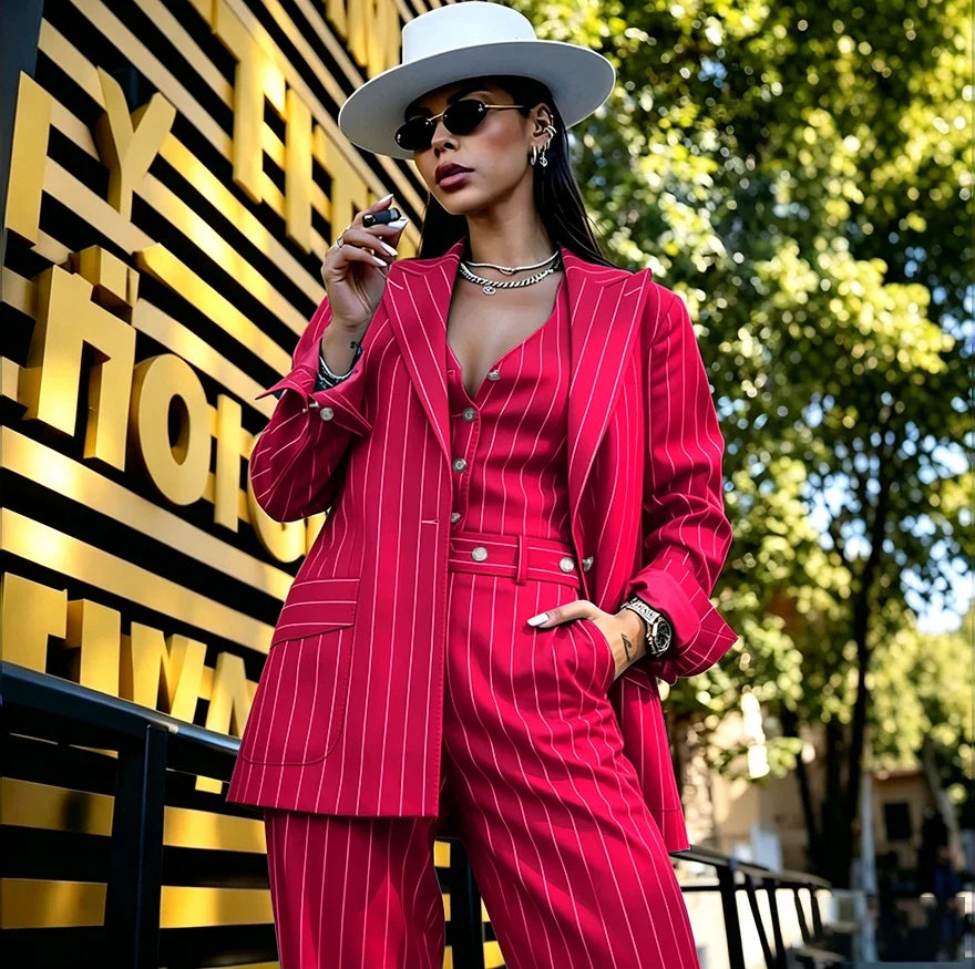 Women's Green Pinstripe 3-Piece Suit Professional (Blazer+Vest+Pants) Set Formal Outfit Chic Streetwear Evening Party Costume