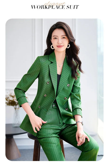 High Quality Women Navy Blue Green Pant Suit Female Button Decoration Blazer and Trouser 2 Piece Set For Office Ladies Work Wear