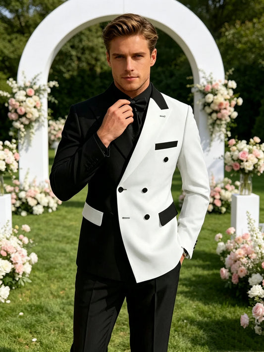 2 Pieces Black White Men's Double Breasted Suit Peak Lapel Blazer Pants Wedding Concert Birthday Party Prom Suits Groom Tuxedos