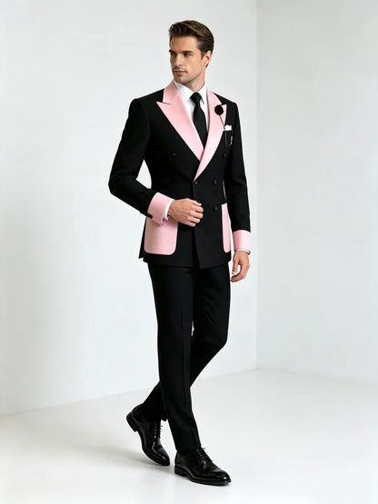 Men's Business Casual Blazer Slim Fit Double Breasted Black Pink Color Block Peak Lapel Formal Tuxedo Jacket Groom Wedding Party
