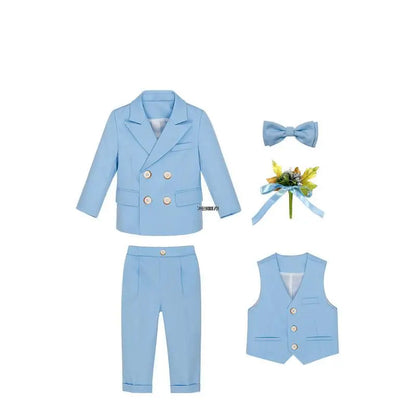 Kid Light Green 5Pieces Suit Set With Jacket Vest Pants Bowtie Brooch Boys Wedding Birthday Party Piano Performance Costume
